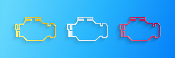 Wall Mural - Paper cut Check engine icon isolated on blue background. Paper art style. Vector.