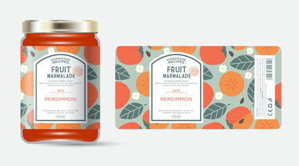 Wall Mural - Label and packaging of persimmon marmalade. Jar with label. Text in frame with stamp (sugar free) on seamless pattern with fruits, flowers and leaves.