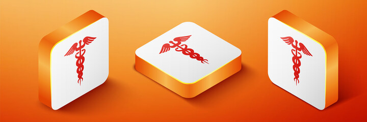 Wall Mural - Isometric Caduceus medical symbol icon isolated on orange background. Medicine and health care concept. Emblem for drugstore or medicine, pharmacy snake. Orange square button. Vector.