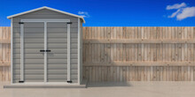 Gardening Tools Storage Shed In The House Backyard. 3d Illustration