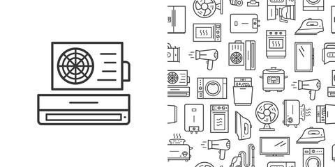 Conditioner icon and vector seamless pattern with household appliances. Line style icons isolated on white background