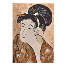 Japanese Geisha Girl And Oriental Art, Illustration In Style Of Traditional Old Japanese Engraving. Japan Traditional Culture. Vintage Paiting, Female In Kimono.