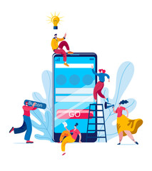 A team of developers, managers and designers creates a mobile app. The concept of a vector illustration in a flat style on the theme of mobile app development.