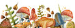 Border toadstool mushroom with red fly-agaric mushrooms.  Watercolor mushrooms.