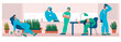 © Liusia Voloshka - Tired overworked doctor or nurse in the office, drink coffee. Exhausted Healthcare worker. Coronavirus pandemic, Covid-19 quarantine. Flat cartoon vector illustration.