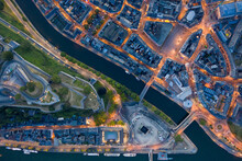 Belgium,ÔøΩNamurÔøΩProvince, Namur, Aerial View Of Confluence OfÔøΩSambreÔøΩand Meuse Rivers In Middle Of City