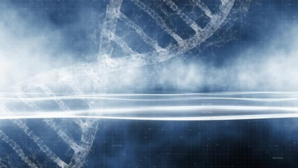 Wall Mural - dna chain rotation on wavy digital background. abstract digital rotating dna molecule on futuristic 