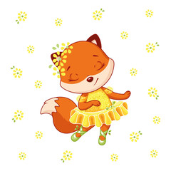 Little fox ballerina dancing. Cartoon vector illustration