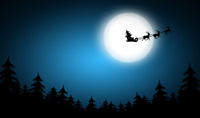 Wall Mural - Magic Christmas eve. Reindeers pulling Santa's sleigh in sky on full moon night