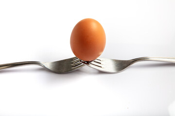 Still life photography. Two forks together create a case for a white egg that balances on them. Egg balanced on forks with white background.