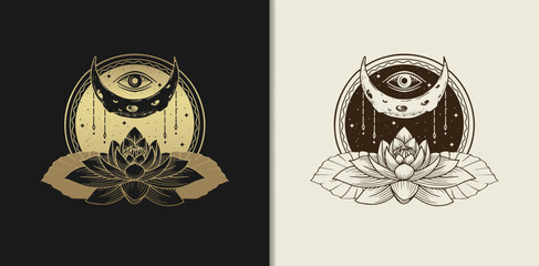 moon, eye and lotus flower luxury gold hand drawn engraving style vector illustration.