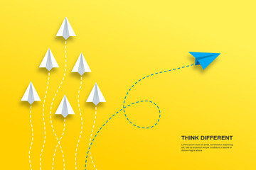 Wall Mural - Think differently concept. Blue airplane changing direction. Concepts: change, unique, trend, courage, innovation, different.