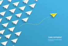 Think Differently Concept. Yellow Airplane Changing Direction. Concepts: Change, Unique, Trend, Courage, Innovation, Different.