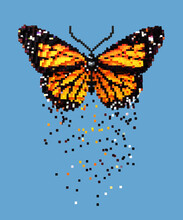 3D Pixel Art Orange Butterfly On Blue Background