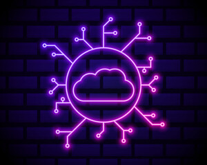 Neon cloud hosting icon. Glowing neon cloud service, online datacenter in vivid colors. SaaS solution, computing center, data exchange platform. Icon set, sign, symbol for UI. Vector illustration