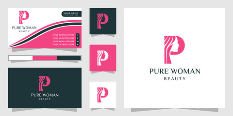 Pure beauty logo icon. Beauty woman face with letter p logo and business card inspiration