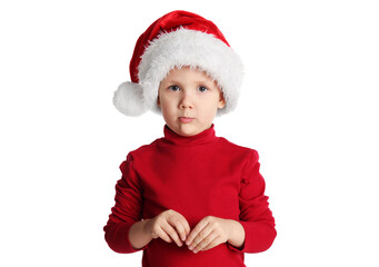 Wall Mural - Cute child in Santa hat on white background. Christmas celebration