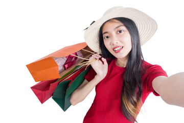 Sticker - Asian woman with hat carrying shopping bags and taking selfie