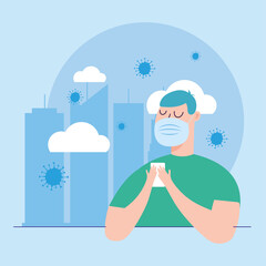 Sticker - Man with mask at city vector design