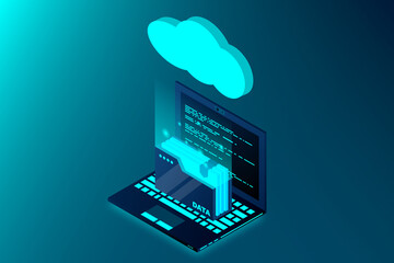 Cloud technology computing concept. Isometric cloud technology with folder data and laptop. Modern cloud technologies. Vector illustration