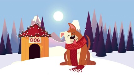 Sticker - cute little dog in house with christmas suit snowscape scene