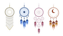 Dream Catcher With Mandala And Feathers. Set Of Hand Drawn Indian Talisman. Ethnic Bohemian Design Element. Vector Hipster Illustration Isolated On White Background. Flat Boho Style.