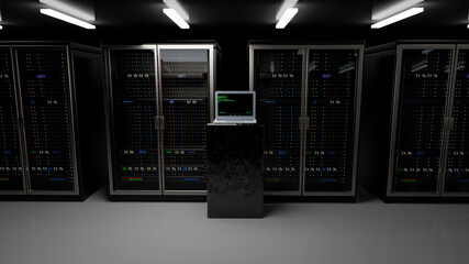 Server room data center. Backup, mining, hosting, mainframe, farm and computer rack with storage information. 3d render