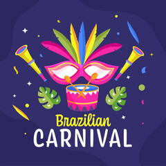 Sticker - Brazilian Carnival Celebration Concept With Party Mask, Vuvuzela And Drum Instrument On Blue Background.