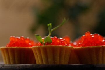 Appetizing tartlets with red caviar on a decorative board for serving. Holiday concept. Close-up.