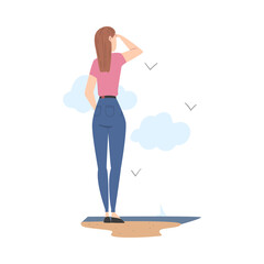 Sticker - Woman Character Standing at Sea Shore and Looking Ahead as into Bright Future Vector Illustration