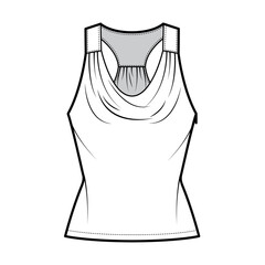 Sticker - Tank racerback cowl top technical fashion illustration with ruching, fitted body, tunic length. Flat apparel outwear shirt template front, white color. Women, men unisex CAD mockup