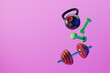 © EZPS - Dumbbells and Kettlebells floating abstractly in the air. 3d illustration