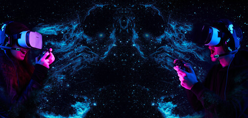 Wall Mural - gamers with virtual reality headsets and gamepads. elements of this image furnished by nasa.