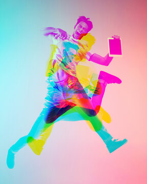Jumping high. Multiple portrait with glitch duotone effect. Multiple exposure, abstract fashionable beauty photo. Young beautiful male model posing. Youth culture, composite image, fashionable people.