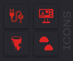 Sticker - Set Cloud, Electric saving plug in leaf, Television report and Tornado icon. Vector.