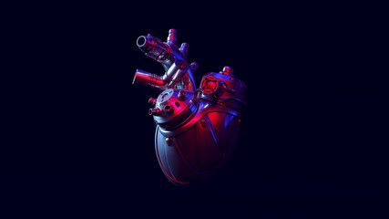 Wall Mural - Silver Artificial Cyborg Heart with Blue Red Moody 80s Lighting 3d illustration render