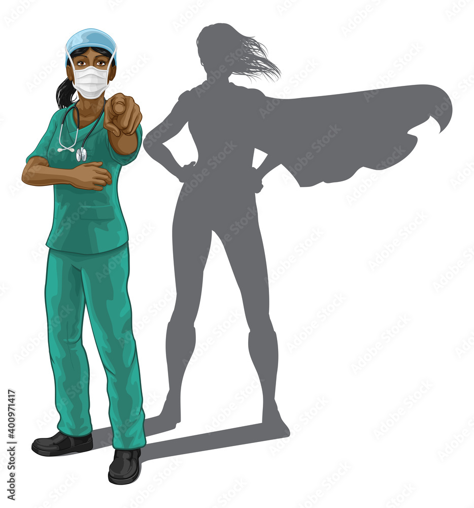 Nurse or doctor super hero woman in surgical or hospital scrubs with stethoscope and mask PPE. Pointing at viewer in a we need or want you gesture. Revealed as a superhero by the shape of her shadow. - obrazy, fototapety, plakaty 