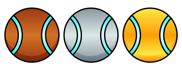 Tennis balls colored in bronze, silver and gold with light blue diamond or glass colored shiny stripes. Badges or medals for winning tournament or award for champion and participants of sports game.