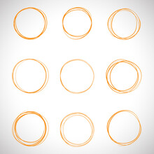 Orange Circle, Pen Draw Set. Highlight Hand Drawn Circle Isolated On Background. Handwritten Orange Circle. For Marker Pen, Pencil, Logo And Text Check. Circle Vector Illustration