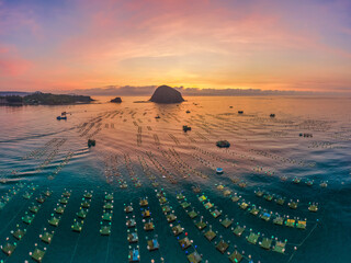 Wall Mural - Aerial view of  shrimp ( prawn ) farm and lobster in front of Yen island, Phu Yen, Vietnam.