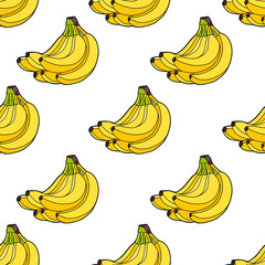 Vector illustration. Seamless background. A bunch of yellow bananas isolated on a white background. Summer tropical pattern.