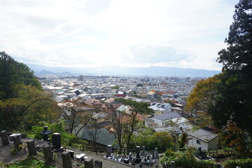 Aerial City view of Aizu Wakamatsu from Grave Site of the Byakkotai in Fukushima prefecture, Japan - 白虎隊十九士の墓 福島県 会津若松市