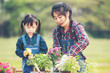 © freebird7977 - Family child girl helping mother care plant flower in garden. Young people mom and daughter gardening outdoor sunny  nature background. Happy and enjoy in spring and summer day. 