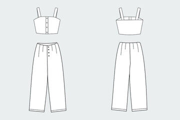 Wall Mural - Female tank top and pants. Set of female vector templates isolated on a grey background. Front and back view. Outline fashion technical sketch of clothes model.