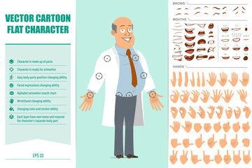 Wall Mural - Cartoon flat funny fat bald doctor man character in white uniform with tie. Ready for animations. Face expressions, eyes, brows, mouth and hands easy to edit. Isolated on green background. Vector set.