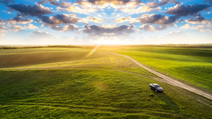 Wall Mural - the green field is at sunset shot with the drone