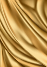 Rippled Golden Fabric, Vertical Vector Background. Realistic Gold Satin Illustration With Copy Space, For Luxury, Or Fashion Design Decoration.