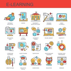 Learning. Set of color, flat, vector, linear icons. Set of icons for the site. Includes icons such as webinar, education, distance learning, certificate and others.