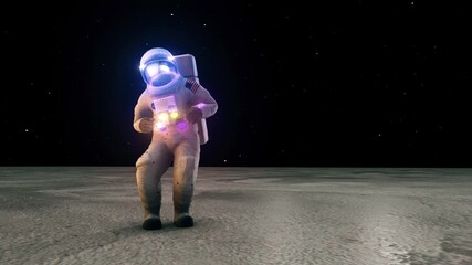 dancing astronaut in moon surface with colorfull particles 4k. high quality 4k footage