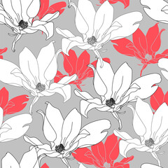 Wall Mural - Seamless pattern with magnolia. Hand drawn floral background. Artwork for textiles, fabrics, souvenirs, packaging and greeting cards.